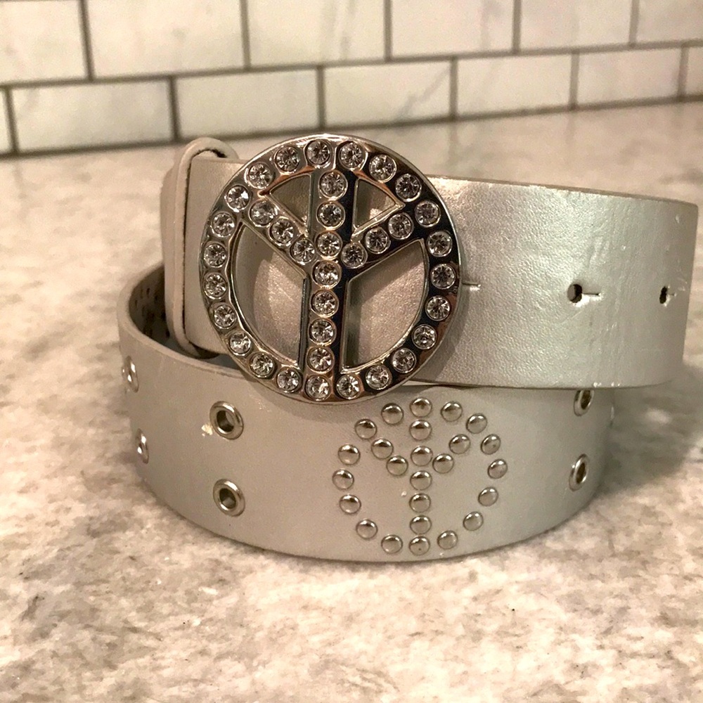 Justice Belt Girls Size 29 Silver Rhinestone Peace Sign Hippie Boho Bohemian